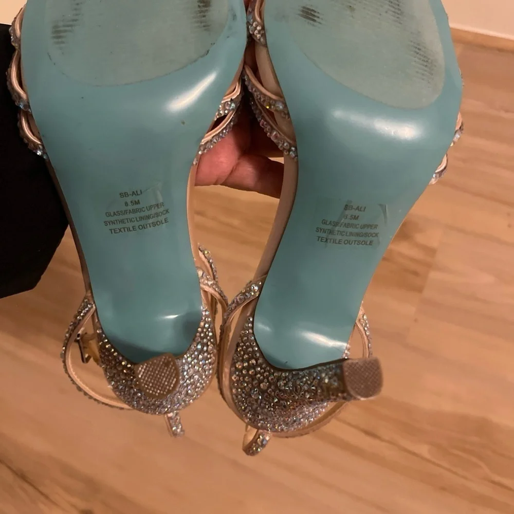 Betsey Johnson Rhinestone Strappy Heels - Cream and Silver Size 8.5